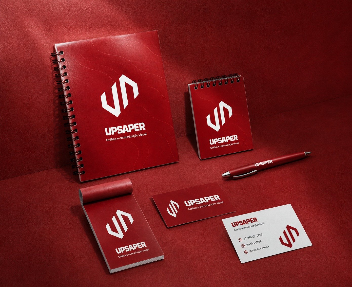 Papelaria corporativa UPSAPER: caderno, bloco, caneta e cartões de visita personalizados