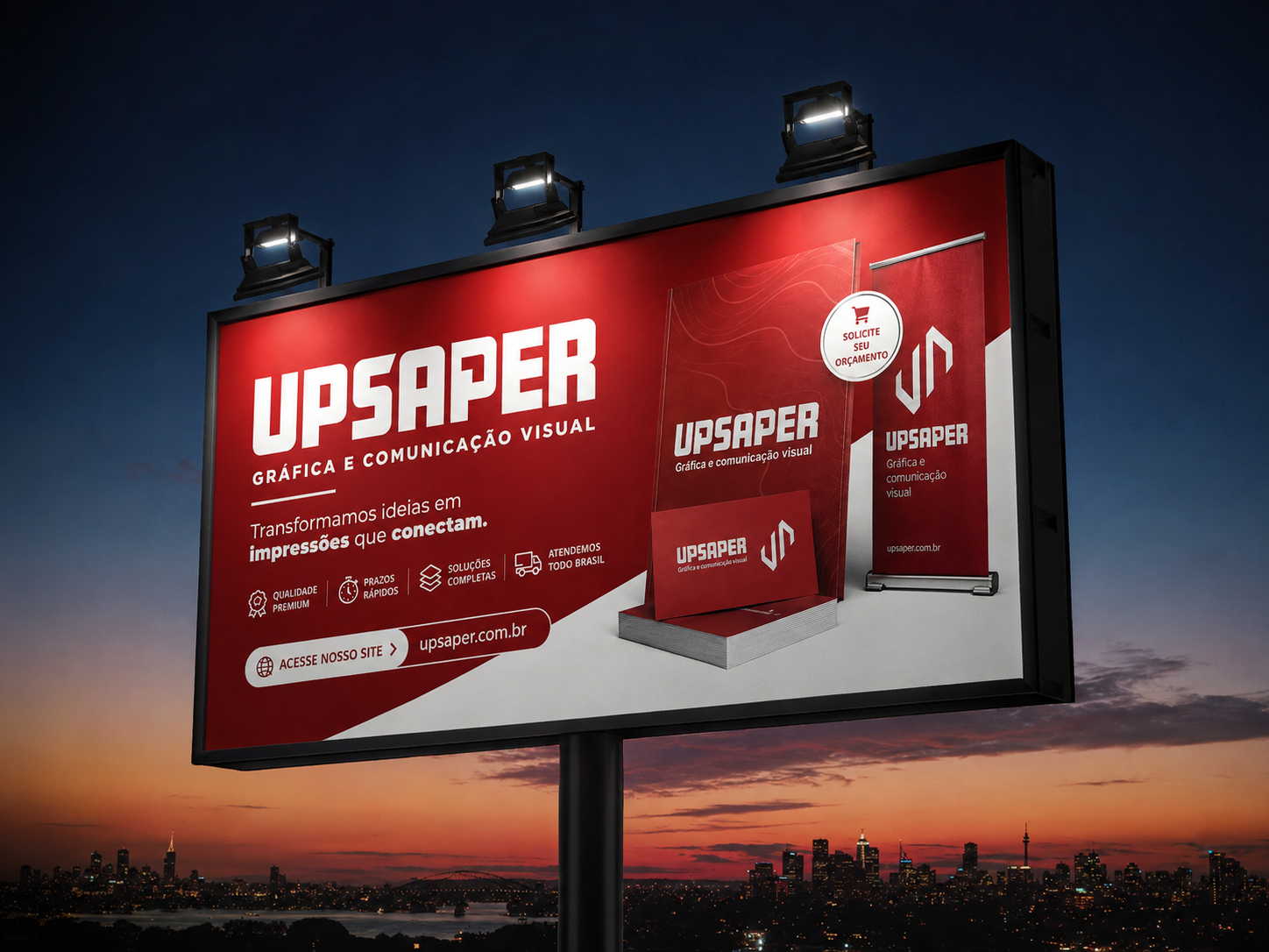 Outdoor UPSAPER com card, folder e banner personalizados exibindo a marca
